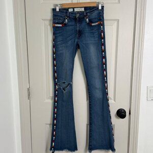 Miss Me Vintage Flare Jeans Womens 28 Blue Embroidered Fray Hem Y2K Mid-Rise